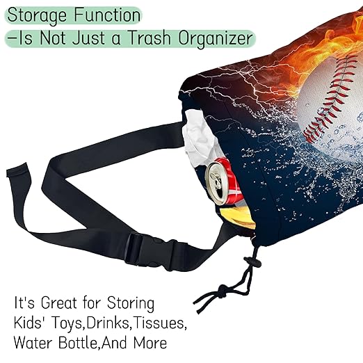Baseball Ball Car Garbage Bag,Fire Ball Waterproof Small Car Trash Bag Hanging Back of Seat,Drawstring Hanging Car Trash Bag with Adjustable Buckle for Car Accessories