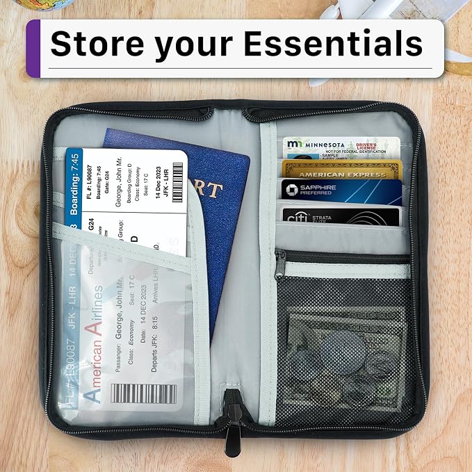 Fosmon Passport Bag, RFID Blocking Travel Document Organizer, Black | Polyester material, slim RFID-blocking wallet, compact 9.8x1x5.5 inches, for airplane travel, unisex.
