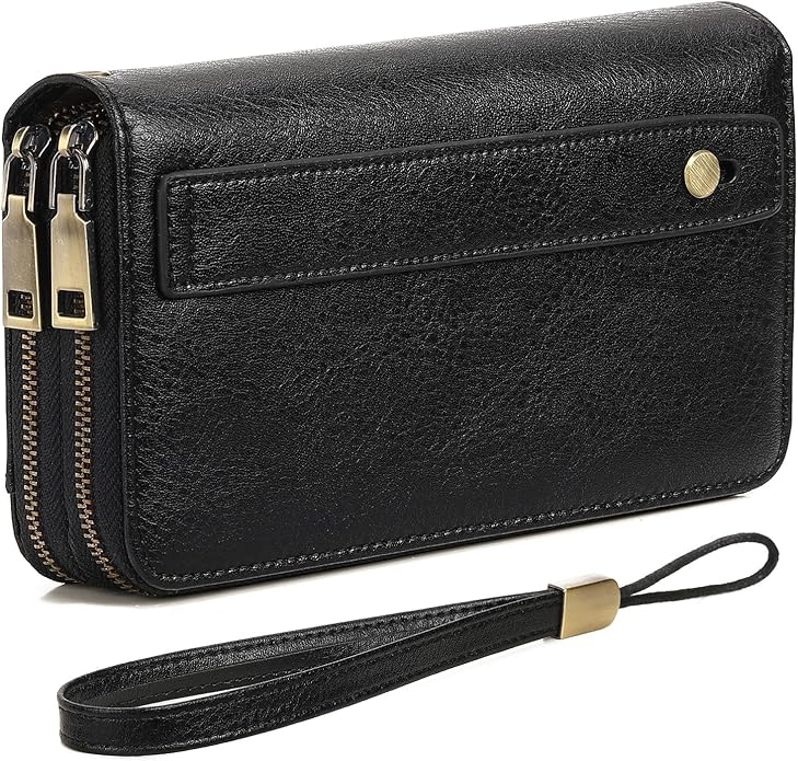 GAEKEAO Womens Wallet Large Capacity Double Zipper Ladies Card Phone Holder RFID Blocking Leather Clutch Wristlet Grip Strap