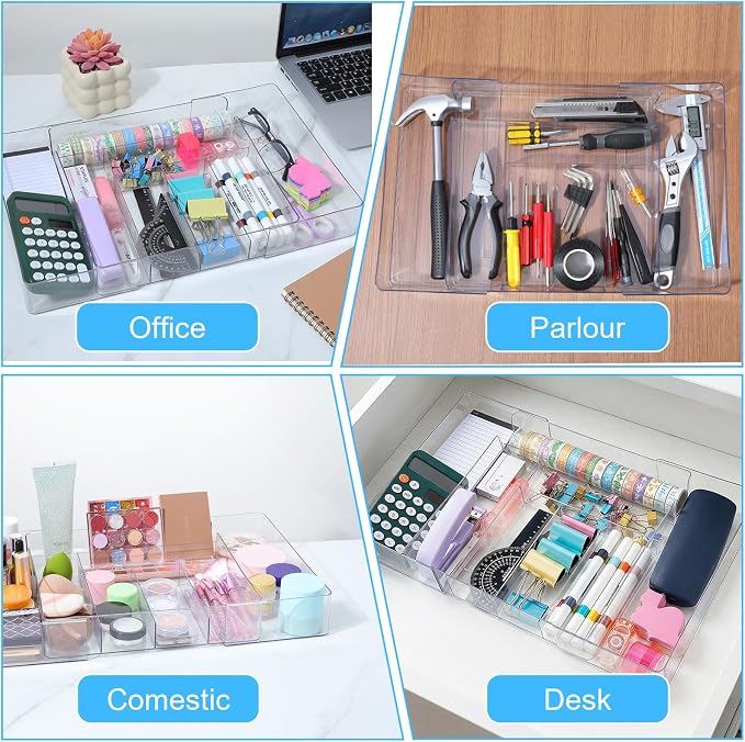 Expandable Acrylic Drawer Organizer, Clear Desk Drawer Organizers Tray with 8 Adjustable Compartments Multifunctional Desk Accessories for Vanity, Office, Kitchen, Bathroom
