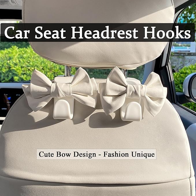 Joyhey 2 Pcs Car Seat Headrest Hooks, Cute Bow Car Seat Hooks for Purses and Bags (White)