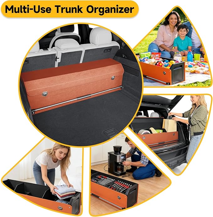Car Trunk Organizer, Collapsible Sturdy Trunk Storage Container with Lid and Handle Large Leather Car Trunk Storage (Orange, 39.7 x 11.4 x 12.2in)