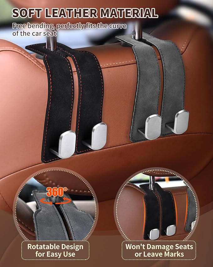 Headrest Hooks for Car, 4 Pack Car Seat Back Organizer Storage Hook, Double Hook Car Seat Hooks for Hanger Purses and Bags, Leather Purse Holder for Car, Black