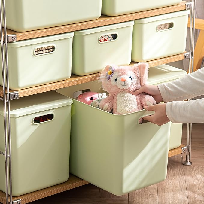 6 pack large plastic White storage bins with Lids, Toy Box Chest with Handle，Organizer Containers Baskets for Baby,Nursery，Shelves，Playroom, Bedroom，Office,Closet，home (Light Green, 6XL)