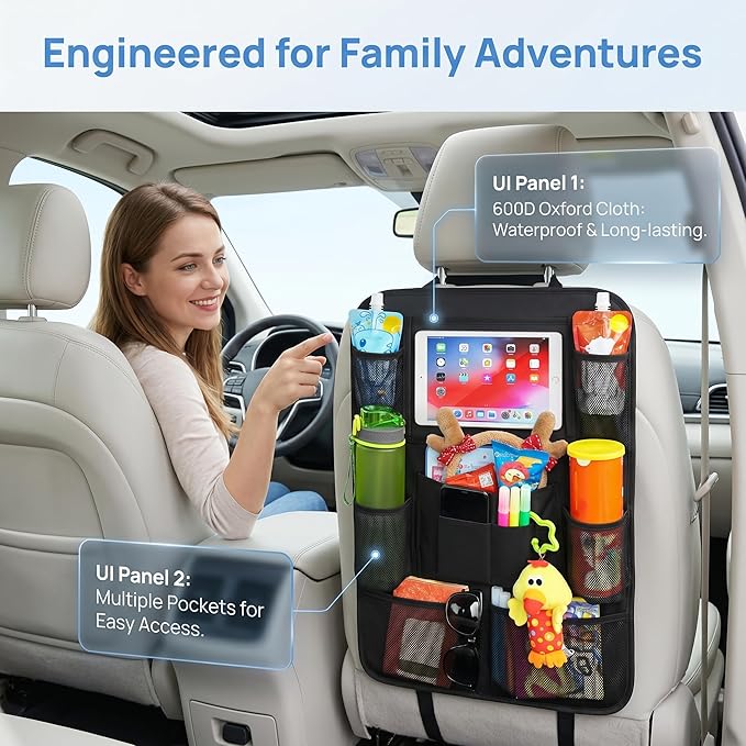 Backseat Car Organizer, 2 Pack Kick Mats Back Seat Protector with Touch Screen Tablet Holder, 9 Storage Pockets for Travel Accessories & Toys, Waterproof & Easy-Clean Black Protector