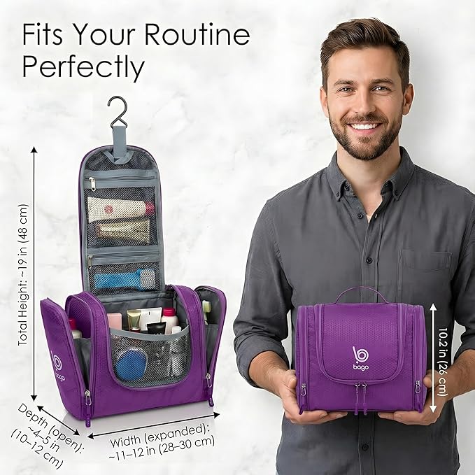 Bago Travel Toiletry Bag for Women and Men - Large Waterproof Hanging Toiletry Bag for Bathroom and Travel Bag for Toiletries Organizer (Purple)