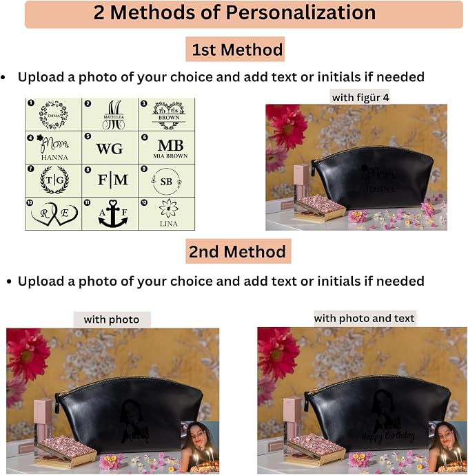 Premium Personalized Genuine Leather Cosmetic Makeup Bag - Wedding Gift for Bridesmaid, Travel Organizer Clutch for Women with Zipper Pouch for Toiletry Essentials (Avanza Black)