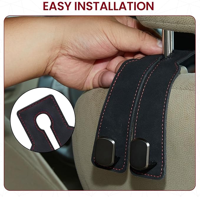4 Pack Double Car Purse Hook Holds Up to 25 kg / 55 lbs XL Faux Leather with Durable Metal Hook (2.7x2cm) – Perfect Headrest Hooks for Car to Organize Bags and Essentials (Black)