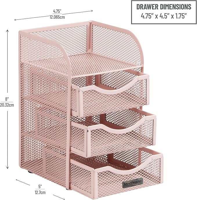 Mind Reader Desktop Accessory Storage, Paper Binder Clip Basket, Workspace, Office, Metal Mesh, 4.75"L x 5"W x 8"H, Pink