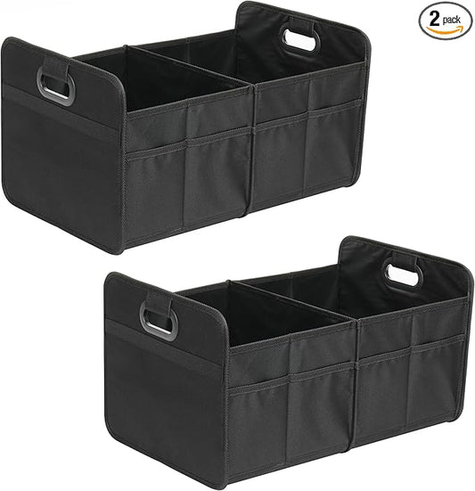 YSSOA Trunk Organizer for Car/SUV/Truck, Collapsible 2 Compartment Automotive Storage Box, 600D Waterproof Oxford Polyester 50L Travel Accessories, Anti-slip & Leak-proof, Black, 2 Pack