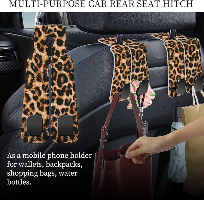 PU Leather Car Seat Hook, Storage Headrest Hanger, Cute Car Backseat Organizer, Car Hooks For Purses and Bags Brown Leopard Print