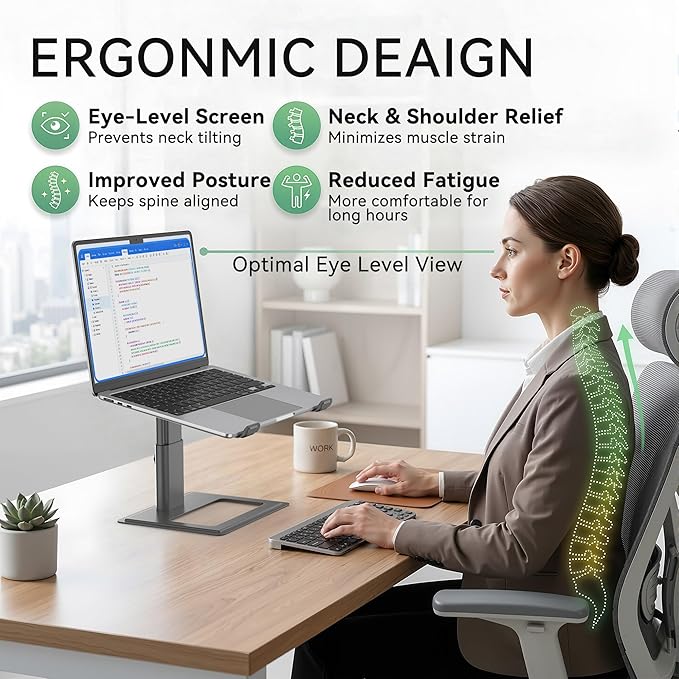 SOUNDANCE Adjustable Laptop Stand, Ergonomic Aluminum Riser for 10-17.3” Notebooks, Ventilated Metal Holder with Height Alignment for Desk Workspace, Grey
