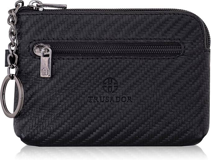 Trusador Milano Unisex Leather Front Pocket Wallet Coin Purse Zipper Pouch with Keychain (Carbon)