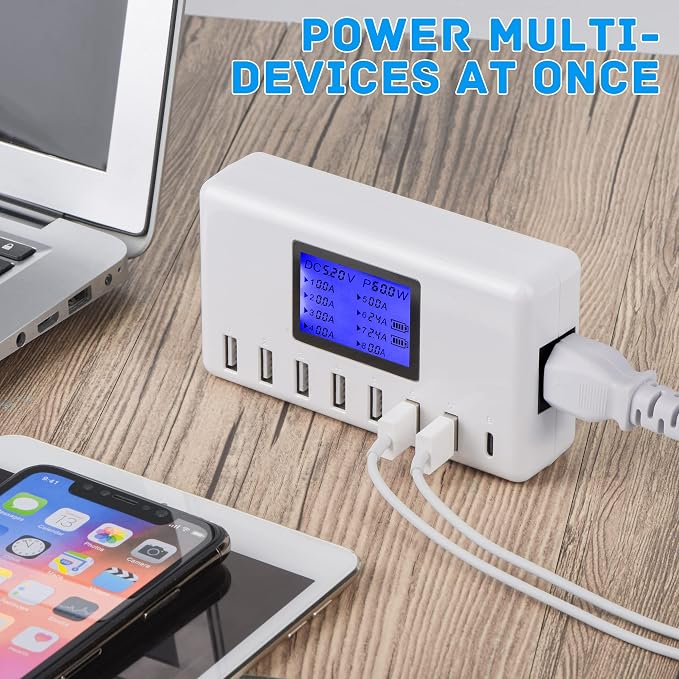 60W 12A 8-Port USB Charging Station - Multi Port USB Hub Charger with LCD Display - Compatible with iPhone, iPad, Samsung, Kindle, Tablet, Bluetooth Earbuds and More