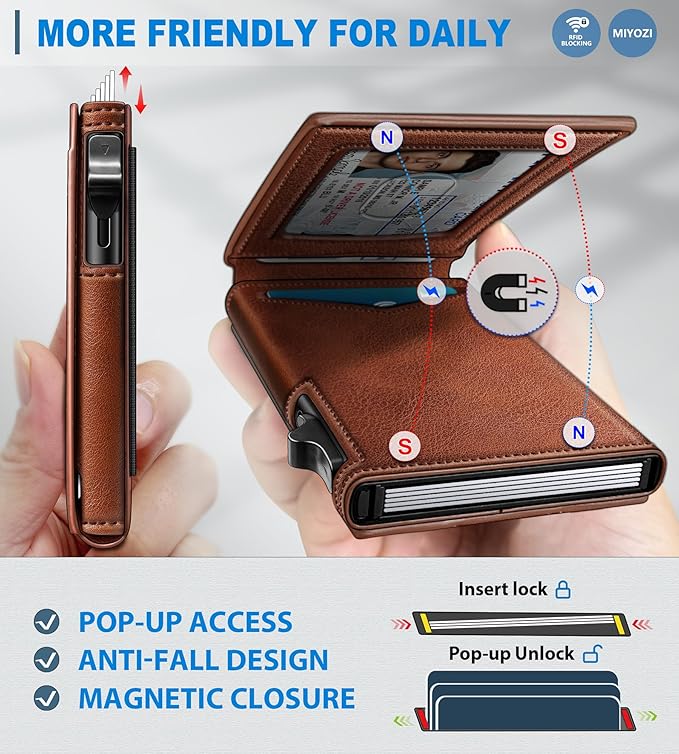 miyozi Wallet for Men, Slim Pop Up Card Holder - RFID Blocking Minimalist Bifold Wallet with ID Window, Holds 9-11 Cards & Stretchable Strap, Metal Flip Case with Magnetic Closure, Gift Box