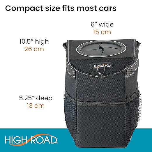 High Road StashAway Heavy Duty Car Trash Can with Rubber Lid, 3 Storage Pockets and Sturdy Panels for Stable Floor or Hanging Seatback Use (Black)