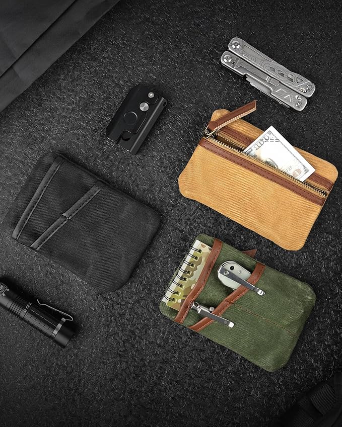 SAYRAM SP9 Pocket Organizer, Waxed Canvas EDC Pouch, Zipper Pocket Organizer Pouch for Men, Slim EDC Organizer for Coins, Notebook, Multitool, Tactical Pen