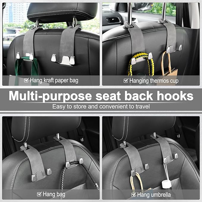 GaRhomxy Car Seat Headrest Hook, Premium Suede Double Hook 2 Pack, Universal Hanging Accessories for Purse, Bag, Groceries - Car Interior Accessories (Gary)