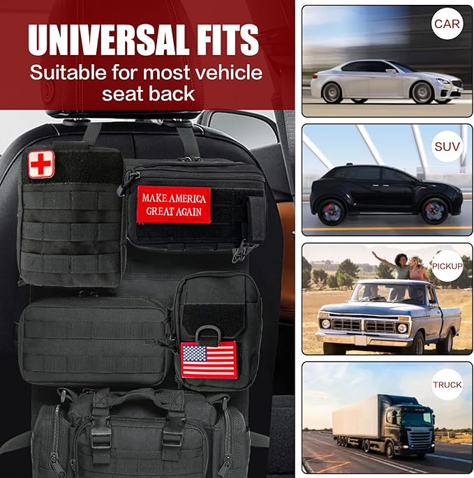 Tactical Car Seat Back Organizer,Tactical Molle Seat Back Organizer with 5 Detachable Molle Pouch,Velcro Label Can Be Removed,Universal Fits for Car Truck Jeep Vehicle