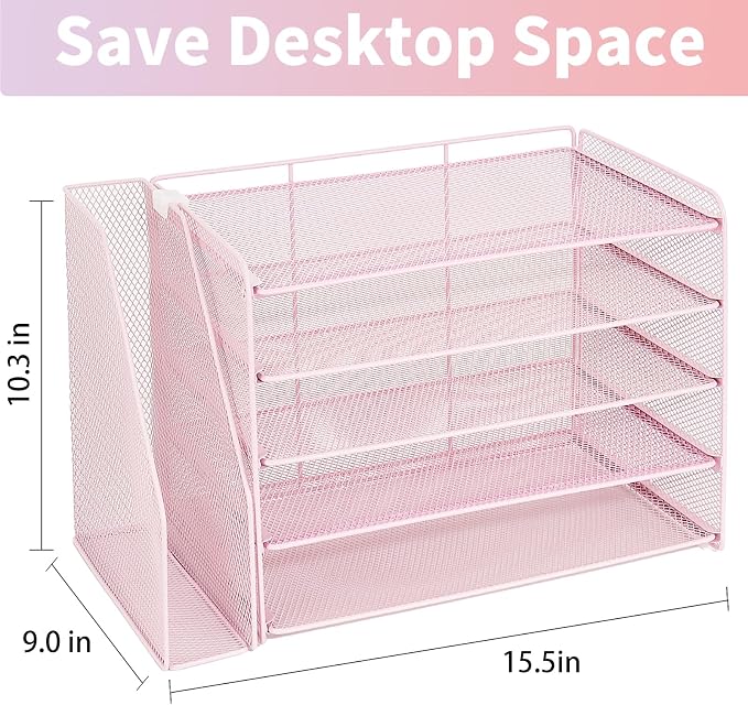 OPNICE Desk Organizer, 5-Tier Paper Organizer Letter Tray with Magazine Holder, Office Desk Accessories & Workspace Organizers, Desktop File Organizer for Office Supplies Storage, Pink