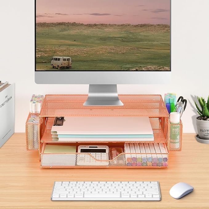 AUPSEN Computer Monitor Stands Riserï¼?-Tier Desk Organizers and Accessories, Office Desk Accessories Organizer with Drawers and 2 Pen Holder for Office Supplies (Rose Gold)