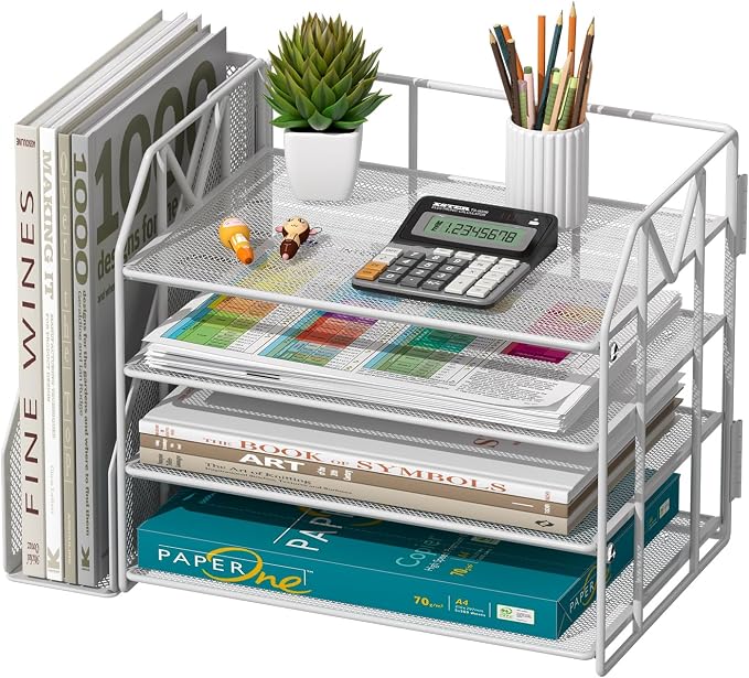 4-Tier Paper File Organizer with Bookend, Metal Desk Organizer, Tiered Paper Tray for Letter/A4 Files, Desktop Office Supplies Storage Rack for Home Office, Classroom, School & Work, White