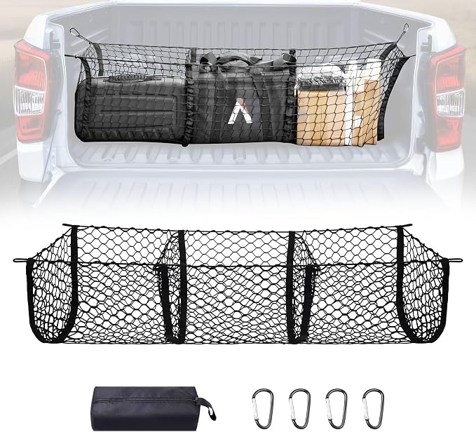 BUMBEE Heavy Duty Mesh Cargo Net 3 Pocket Trunk Bed Storage for 2005-2024 Toyota Tacoma Car, SUV, Pickup Truck Bed with Metal Carabiners Storage Bag(46x14x17Inch)