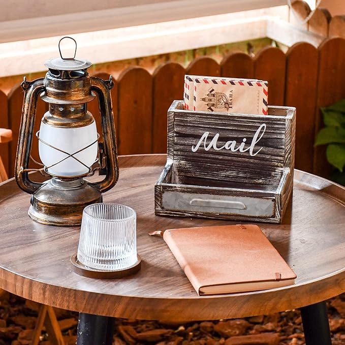 OKSQW Farmhouse Mail Organizer Countertop Letter Sorter Caddy 2 Tier Rustic Mail Tray Wooden Mail Holder File Organizer Bill Paper Folder Office Desk Accessories Rustic Office Supplies Home Decor