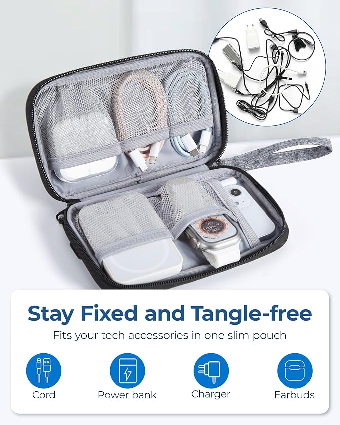 BAGSMART Small Travel Cable Organizer, Tech Accessories for Charger, Phone, Gray