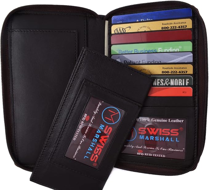 MARSHAL Genuine Leather Double Zipper Clutch Checkbook Wallet for Women #4575CF (RFID Brown)