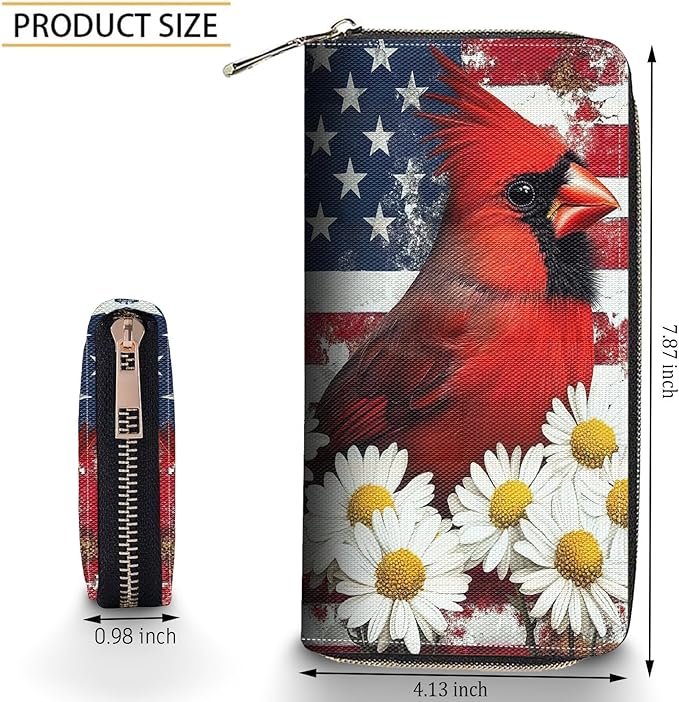 Bxgolkgd Womens Wallet, RFID Blocking Leather Wallet,Large Capacity Wallet Credit Card Holder PU Leather Ladies Clutch with Zipper Coin Pocket - American Flag Cardinal Daisy