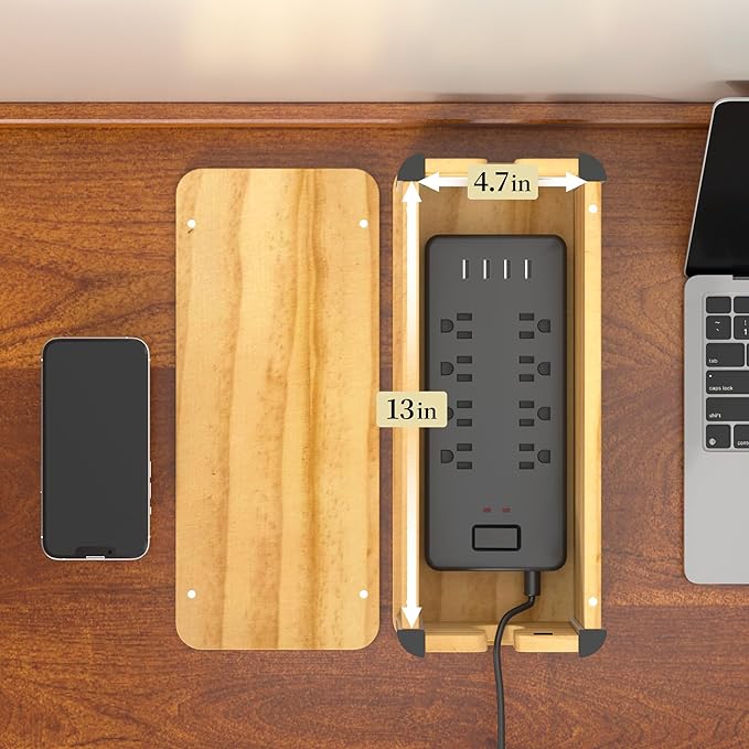 Delamu Wooden Cable Management Box, Retro-Inspired Cord Organizer Box for Home Office, Large Cord Hider Box Hides Cords and Power Strips, Floor Cord Covers, 14.3" x 6.0" x 5.5", Light Wood Color