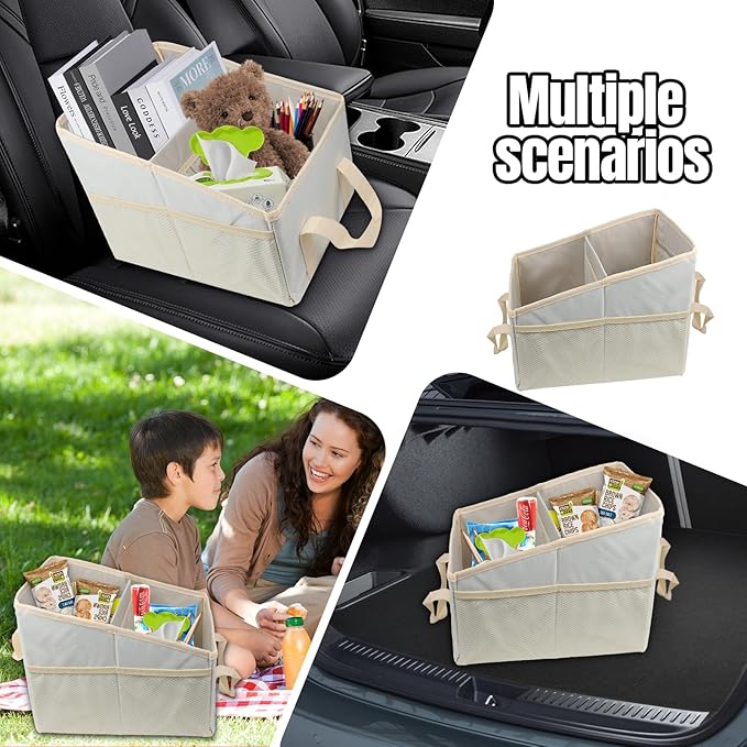 Hovom Car Organizer, Automotive Passenger Seat Organizer, Car Caddy with Multiple Compartments & Pockets, Collapsible Small Vehicle Storage Organizers for Front and Back Seat, Trunk, Floor (Beige)