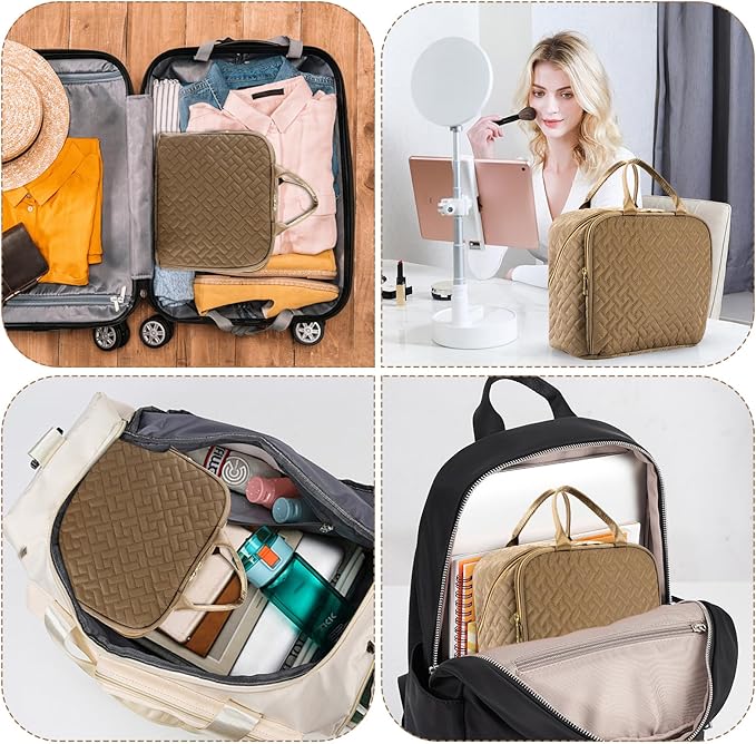 Makeup Bag, Large Capacity with Room for Brushes and Mirror, Travel Makeup Organizer, Portable Standing Make Up Case, Waterproof Cosmetic Toiletry Bags with Handle, Color Brown