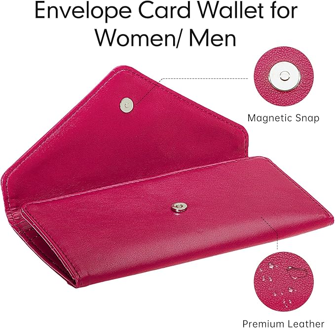 Women's Card Wallet Envelope Style RFID Blocking Credit Card Holder Long Cash Wallet for Ladies, Rose Red