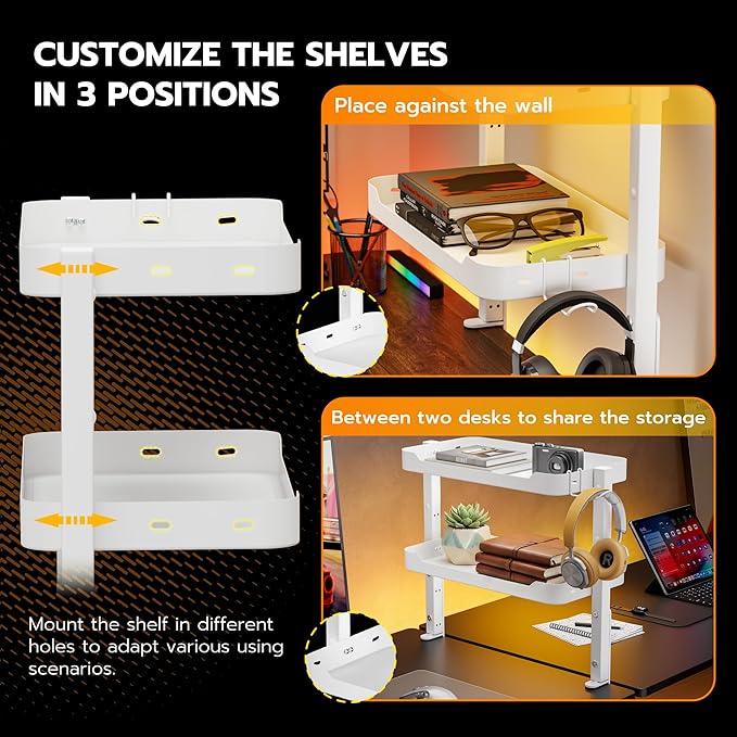 ARES WING 2-Tier Clamp On Desk Shelf, 16 inch Adjustable Above or Under Desk Storage Shelves Holds 66 lbs, Heavy Duty Desktop Organizer with Headphone Holder for Working and Gaming Accessories, White