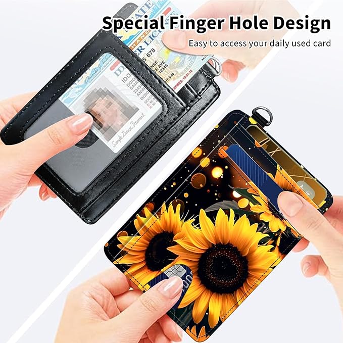 Slim Minimalist Front Pocket Wallet,Credit Card Holder Wallet for Women Men,RFID Blocking Credit Card Holder Case Leather Cute Small Thin Wallet ID Window&Wrist Strap,Glitter Sunflower