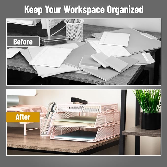 Mind Reader 2 Tier Paper Tray with Top Supply Compartment, Desktop File Organizer, Metal Mesh, Pink
