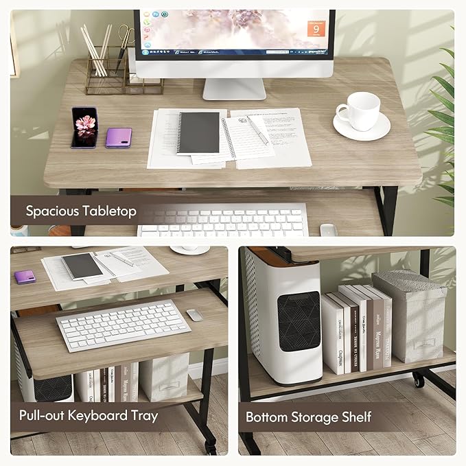 Tangkula Rolling Computer Desk Cart with Keyboard Tray, Mobile Portable Laptop PC Desk with CPU Stand & 3 Hooks for Sofa & Bed, Compact Small Desk on Wheels for Small Spaces (Grey)