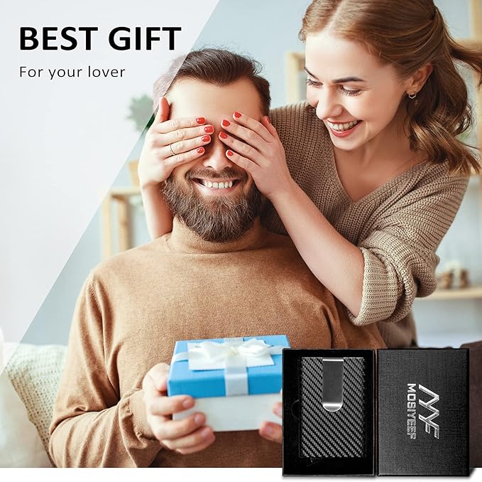 MOSIYEEF Slim RFID Blocking Card Holder Wallet for Men - Minimalist Pop Up Credit Card Holder Wallet with Stainless Steel Money Clip, Carbon Fiber Leather Wallet, Holds 6 Cards - Ideal Gift for Him