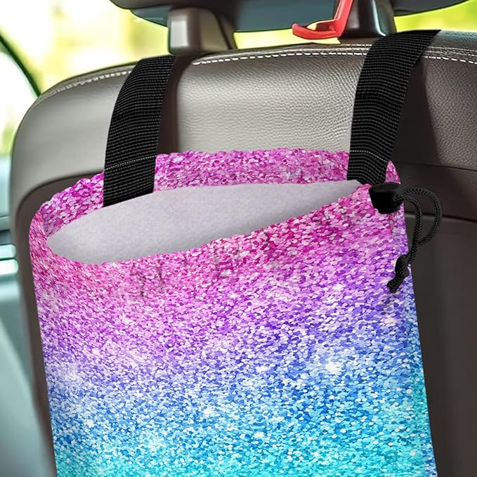 Car Trash Bag Hanging Back of Seat Waterproof Small Cute Printed One-handed Strap Drawstring Garbage Bags for Car-Glitter Pink