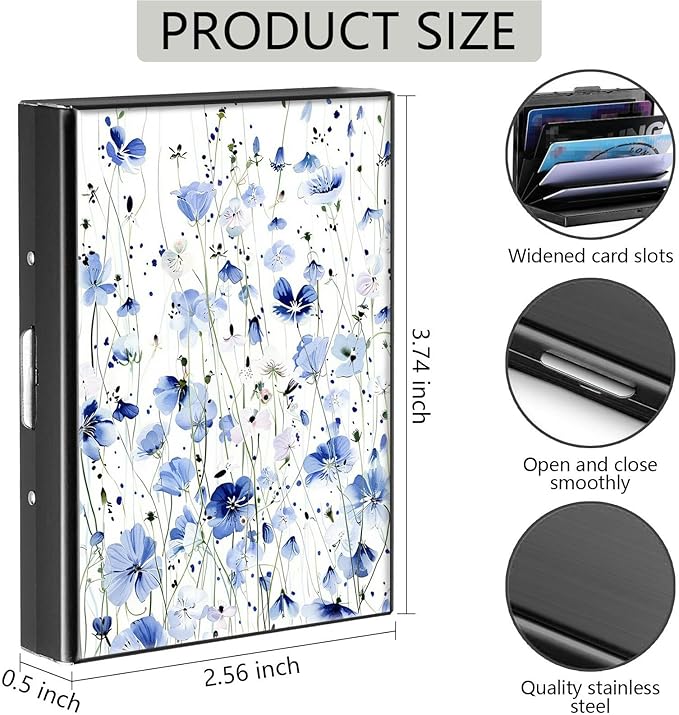 Credit Card Holder, Blue Flowers Design Mini RFID Blocking Aluminum Wallet Slim Metal Hard Case Shell Travel Wallet ID Case Small Credit Cards Case Business Cards for Women Men Girls