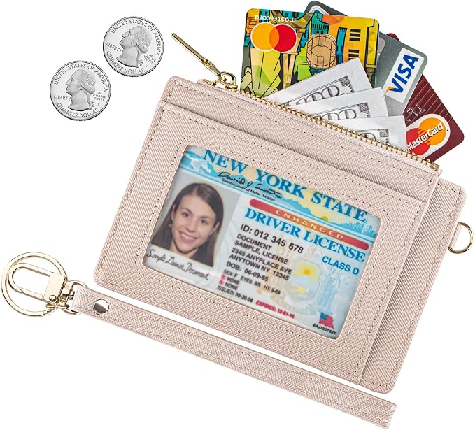 Wikavanli Women Slim Rfid Blocking Credit Card Case Holder Wristlet Zip ID Case Wallet Small Compact Leather Wallet Coin Purse with Keychain(Light Sand)