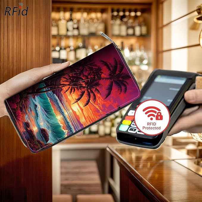 Bxgolkgd Womens Wallet, RFID Blocking Leather Wallet,Large Capacity Wallet Credit Card Holder PU Leather Ladies Clutch with Zipper Coin Pocket - Sunset Palm Tree Beach