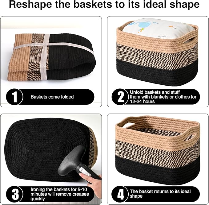 ICERZCZ Storage Baskets for Organizing Shelves, Decorative Baskets for Storage, Woven Cotton Rope Basket for Living Room Bedroom Nursery, 15"x11"x9.5", 3 Packs, Gradient Black & Jute