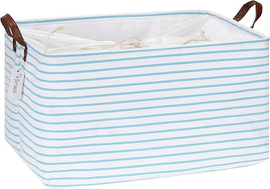 Hinwo 70L Extra Large Storage Bins, Closet Organizers and Storage, Foldable Clothes Storage Baskets with Handles, Containers for Clothing, Blanket, Comforters, Toys, Bedding (Aqua Stripe)