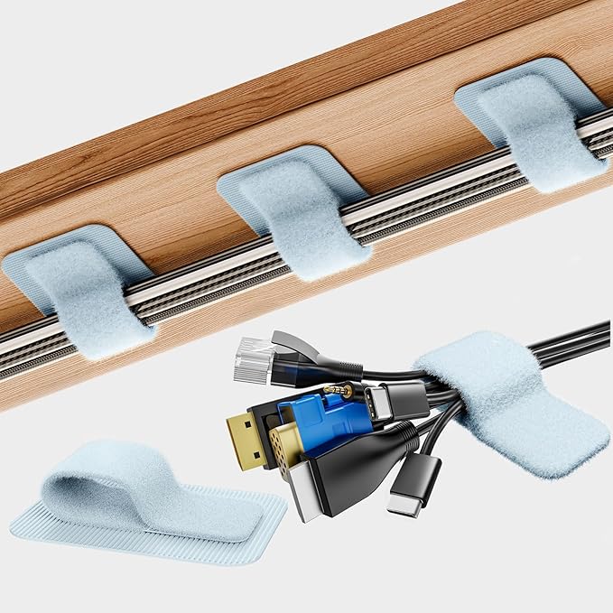 Cable Management Under Desk, 【Up to 15 Cord】【Enhanced Wire Holder】 Reusable Cord Organizer Holder, Adjustable Hook and Loop Cable Ties, Wire Clips Under Table Hider, 20 Pair(Blue)