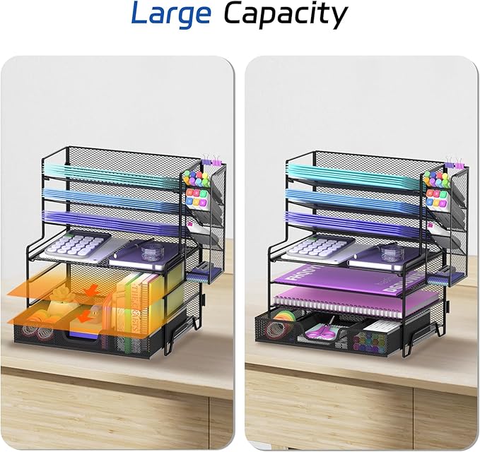 4 Tier Desk Organizer + 3 Tier File Holder + 4 Pen Holders + Drawer, 7 Tier Desk File Organizers, Desk Organizers and Accessories for Office Home School, Black
