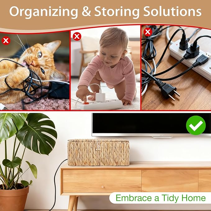 Cable Management Box with Lids-Handwoven Rattan Cord Organizer with Open Slots,Desk Organizer Box to Hide Power Strips&Cords,Office Desk Accessories Storage Basket,2 Pack