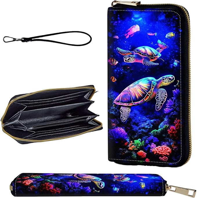 Wallet,Leather Long Wallet Suitable For Ladies And Teenagers - Detachable Wristband + RFID Travel Wallet With Card Slot - Neon Sea Turtles